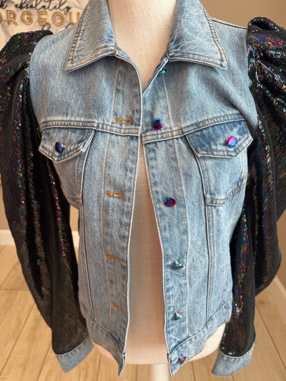 New! QUEEN OF SPARKLES Denim Jacket with Black Sequin Puff Sleeves - Picture 5 of 10